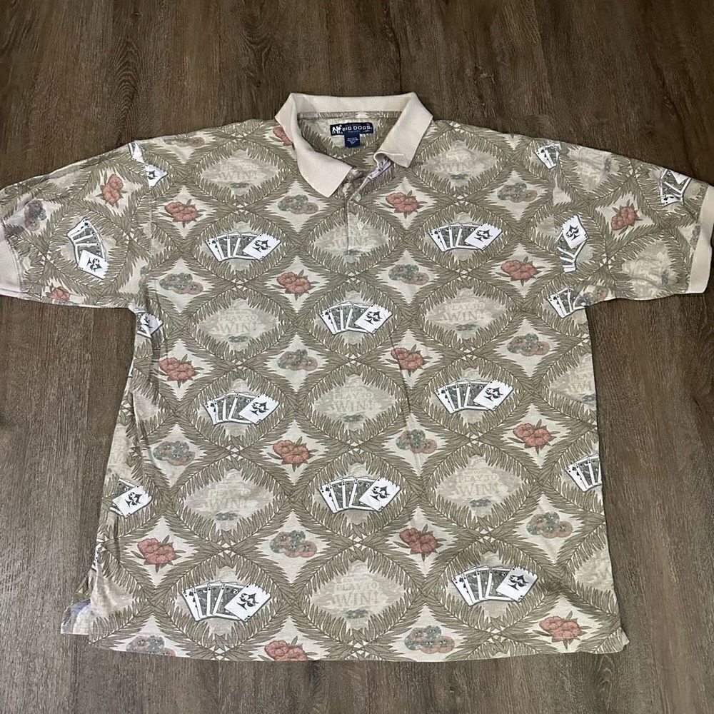 Vintage Big Dogs Cards and Poker Chips Print Mens Beige Polo Shirt Size 3X